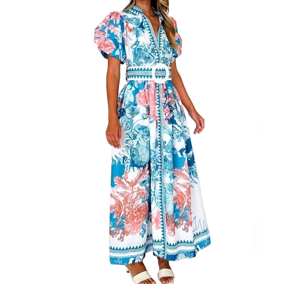 Garden Floral Button-Up Mock Neck Puff Sleeve Wide Belt Slit Front Maxi Dress - Picture 2 of 12